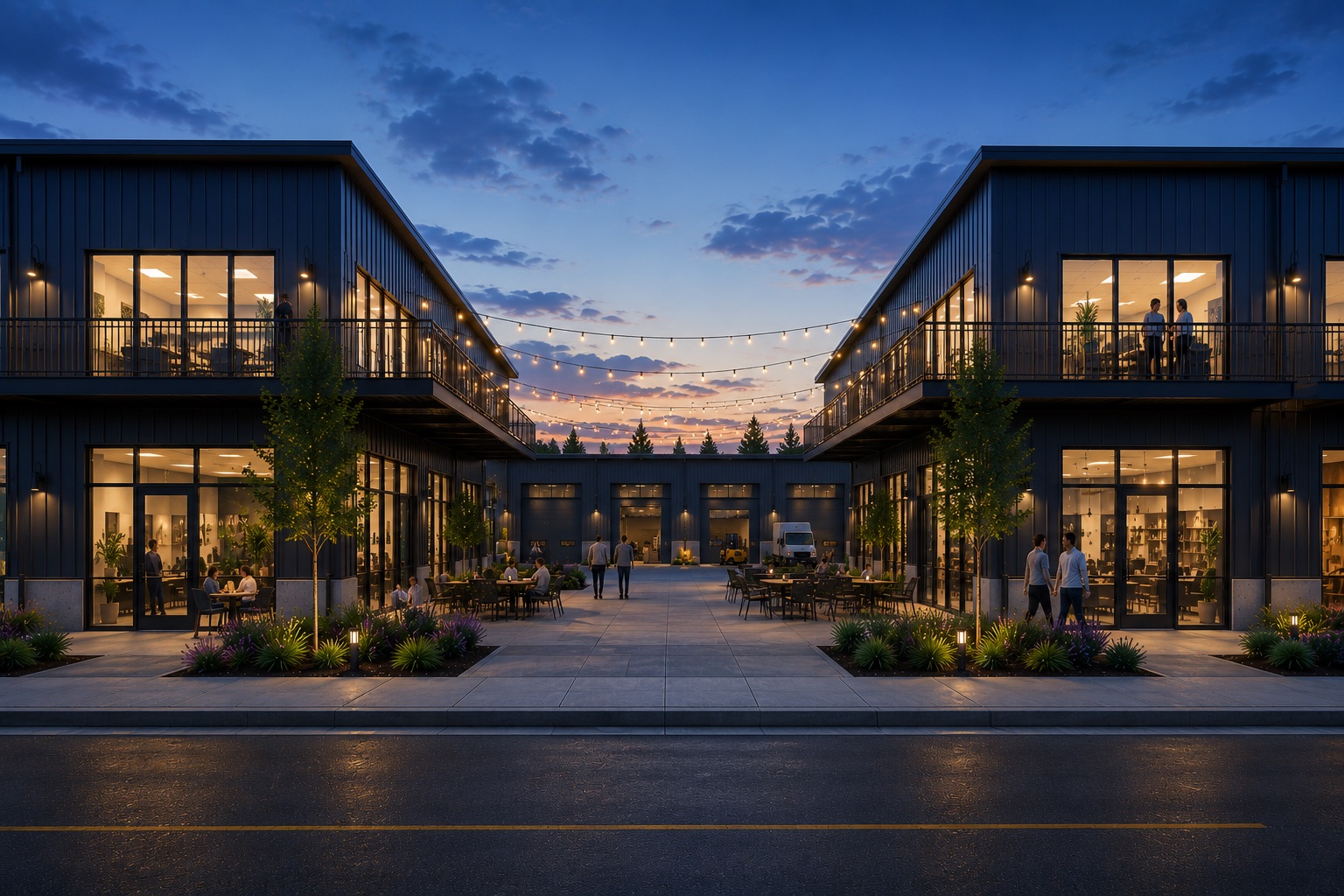 Foundry Grounds courtyard at dusk — string lights and warm glowing suites